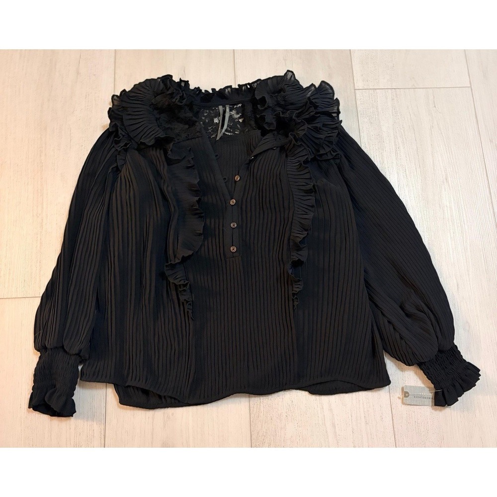 NWT Anthropologie Sheer Pleated Ruffled‎ Blouse XSP Black Corporate Goth $148
